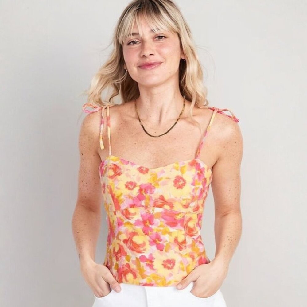 Old Navy Pink & Yellow Floral Fitted Cami Top with Tie-Shoulder Straps
